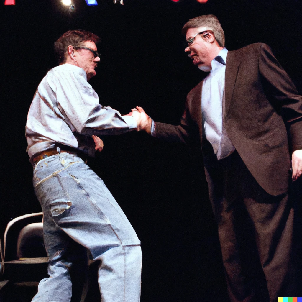Prompt: Photograph of Texas Lieutenant Governor Dan Patrick and ESPN Sports broadcaster Dan Patrick performing improv comedy together at a theater in Hartford