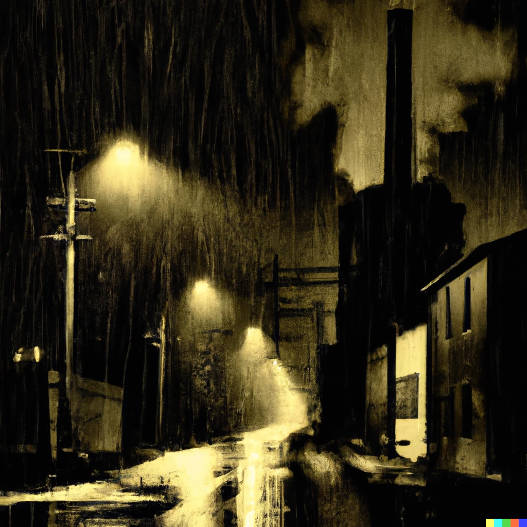 Prompt: An empty 1920s American Street at night, rain pouring down lit by gas street lamps, industrial cooling towers billowing steam in the background, black and yellow photo 