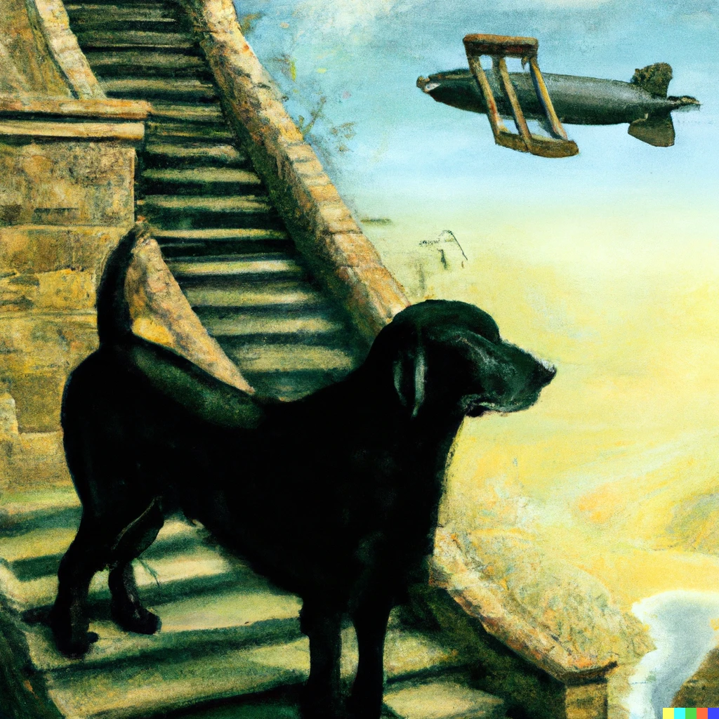 Prompt: A lead zeppelin in Kashmir beside a dazed and confused black dog on a stairway to heaven, oil painting 