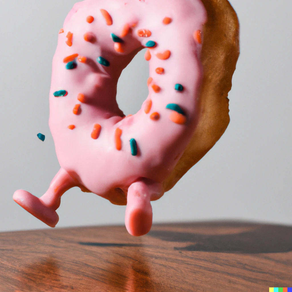 Prompt: A pink donut with tiny arms and legs leaping from a table