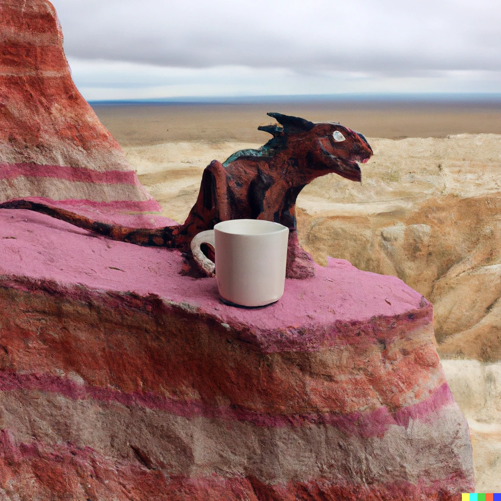 Prompt: a chimera drinking a cup of coffee atop a mesa in new mexico