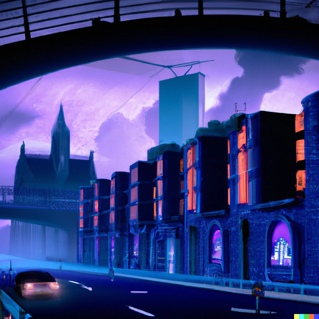 Prompt: a cyberpunk rendering of Dublin city 