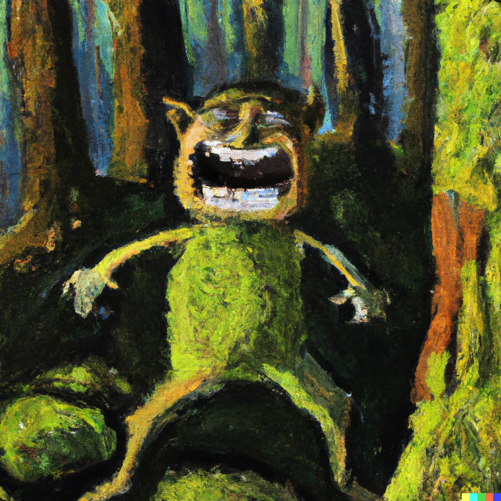 Prompt: a realistic angry skrunkly little man with a huge cheesy toothy smile and large intense eyes wearing a moss robe running through a creepy forest of birch in oil painting style 