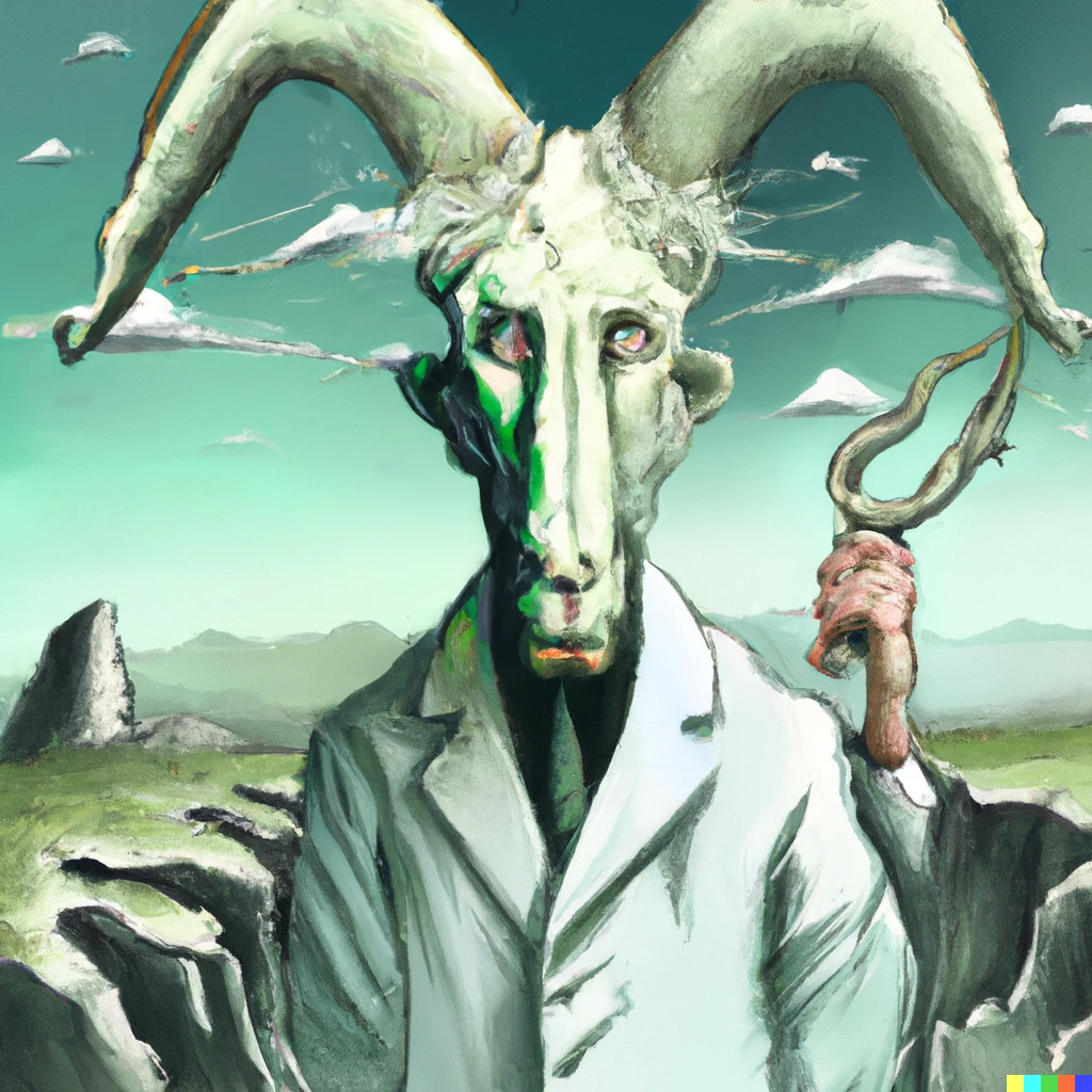 Prompt: a mad scientist in a white lab coat with one half of face being green creepy monster and the other half cyborg with goat horns near a massive crater abstract surrealist style