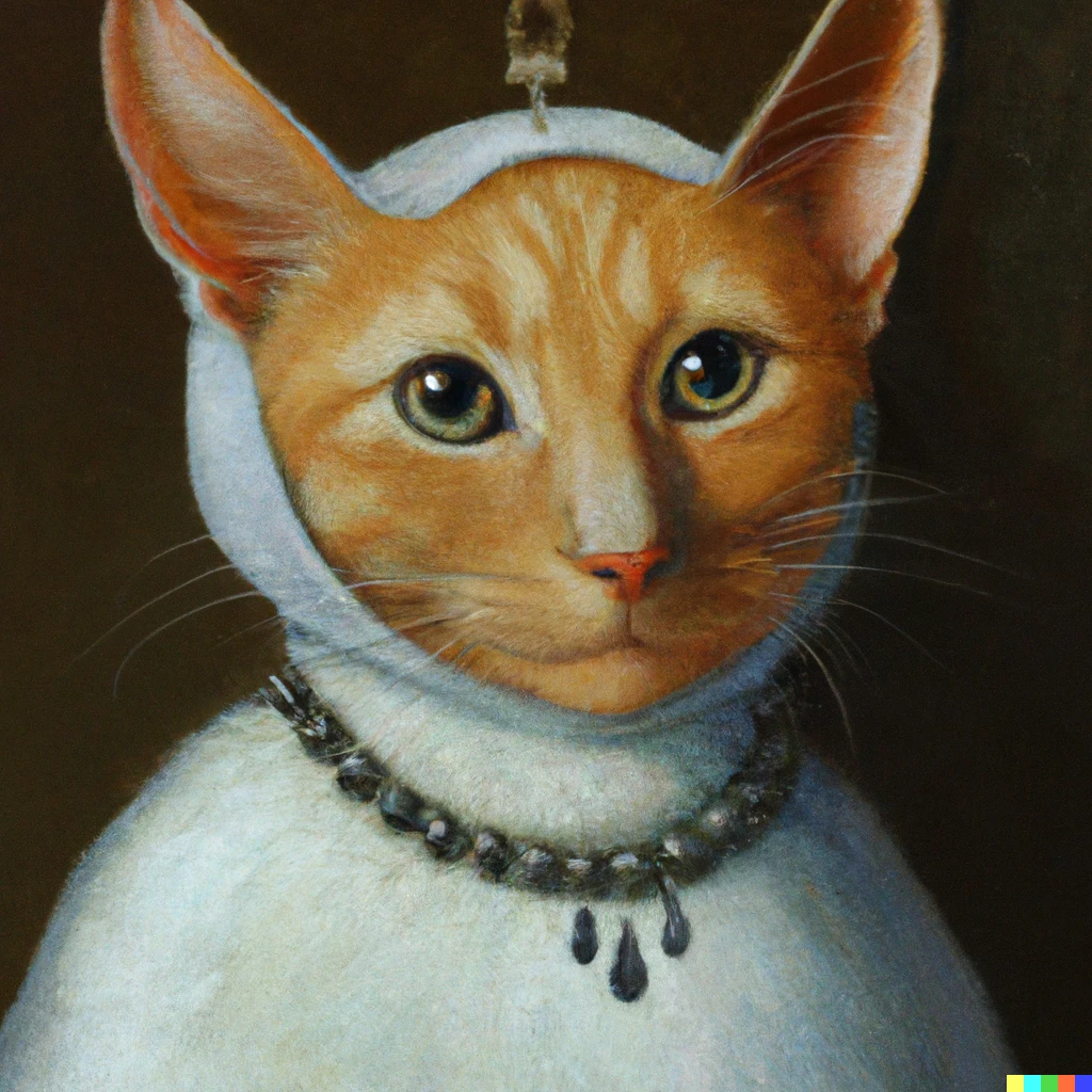 Prompt: Cat with earrings in an angelic robe by Johannes Vermeer