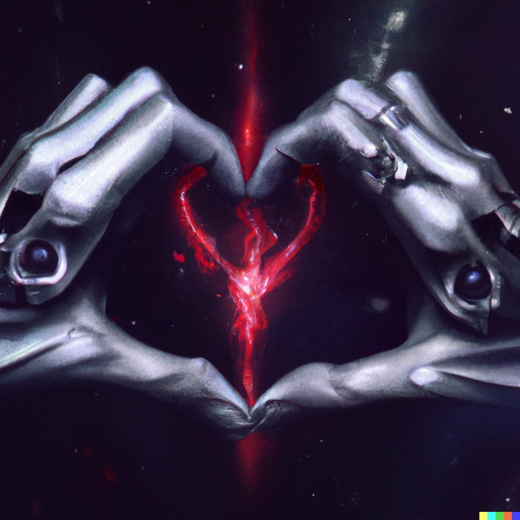 Prompt: digital art of a heart made out of two hands cyberpunk