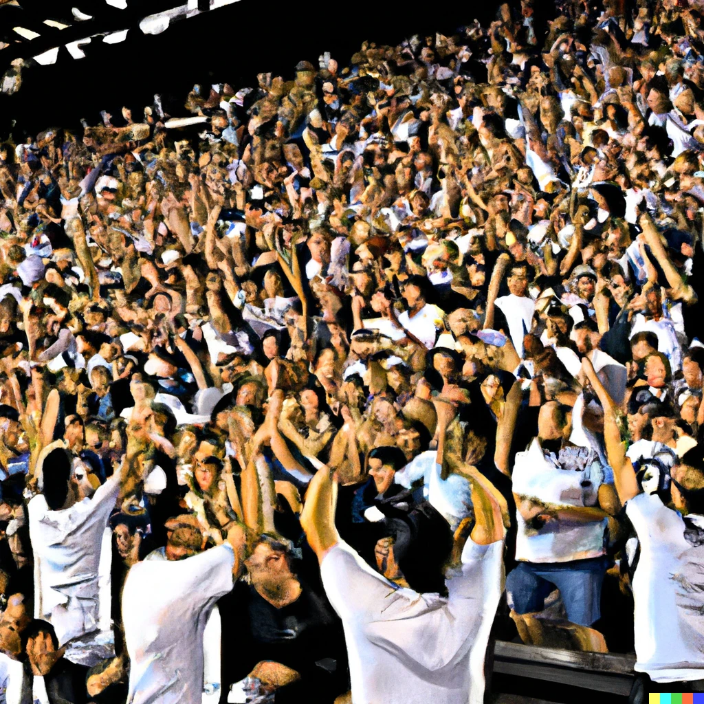 Prompt: A wide-angle scene of a crowd of soccer fans wildly celebrating a goal inside a stadium. The crowd are wearing black and white. Painted in an impressionist style.