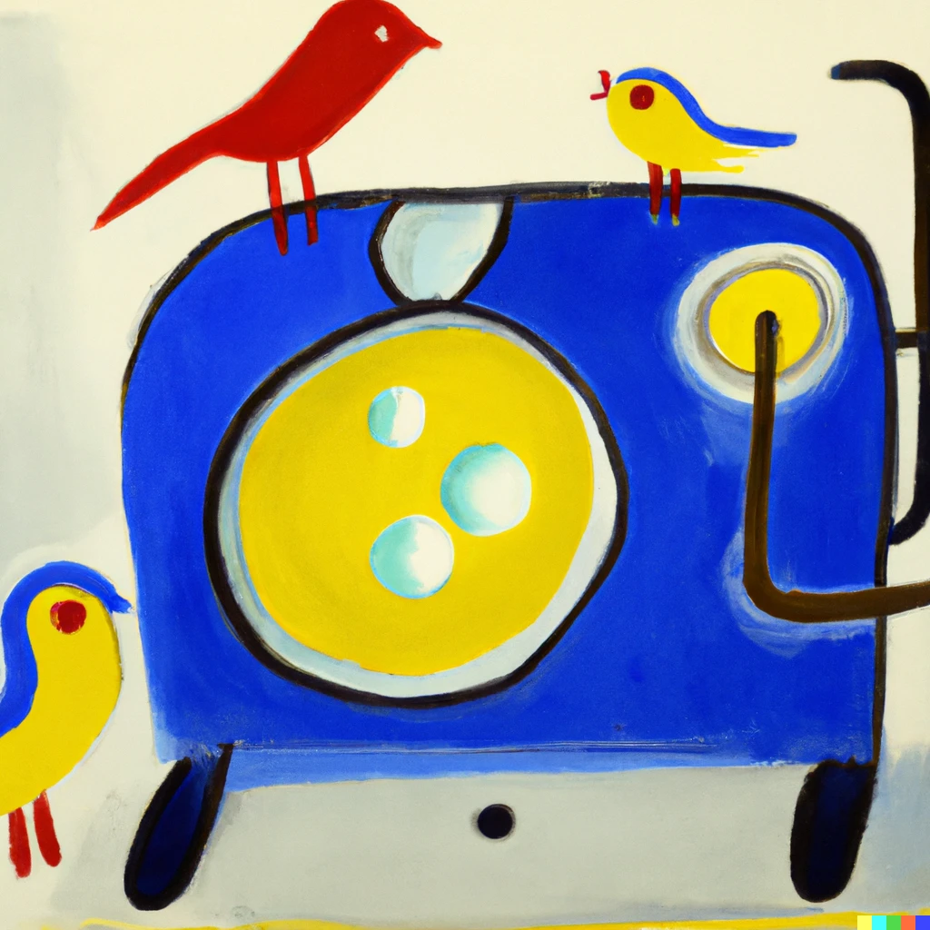 Prompt: A painting by Joan Miro of blue and red birds and a yellow washing machine