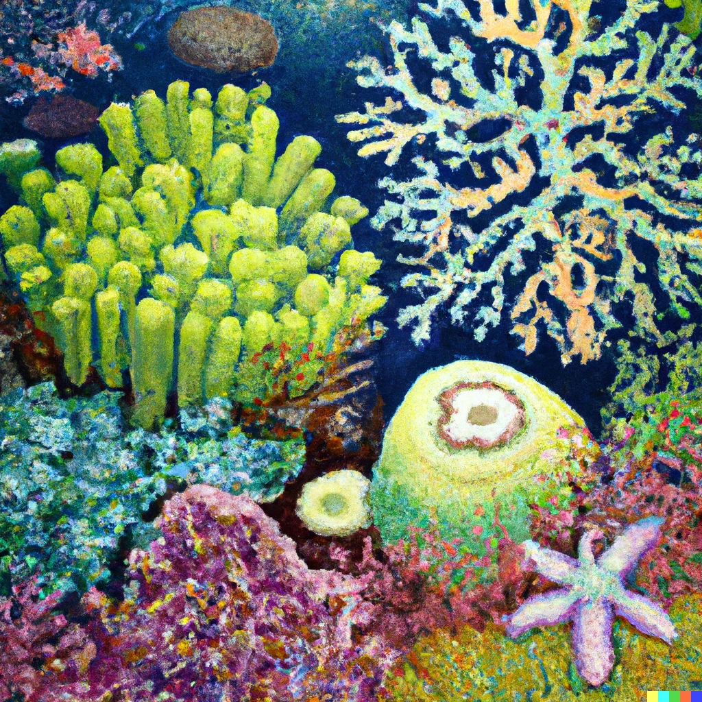 Tore × DALL·E | a painting of an underwater garden with sea stars and ...