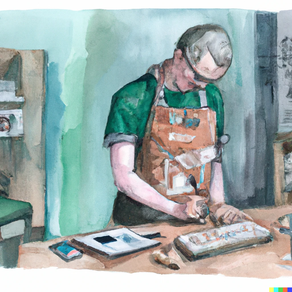 Prompt: A water colour painting of a person in a woodworking apron, iteratively building gadgets with a computer in the background with code on it. | 687