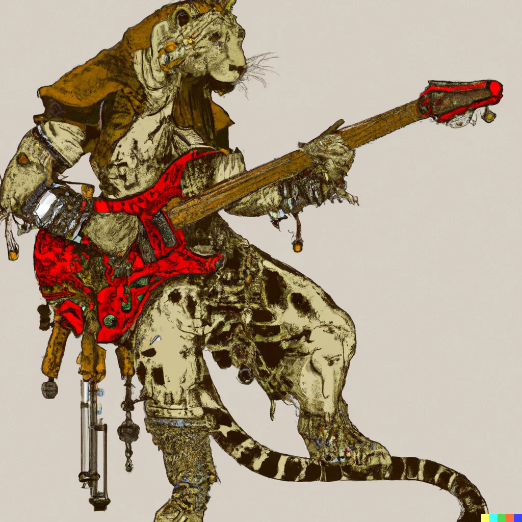 Prompt: Leopard samurai guitarist steampunk style 