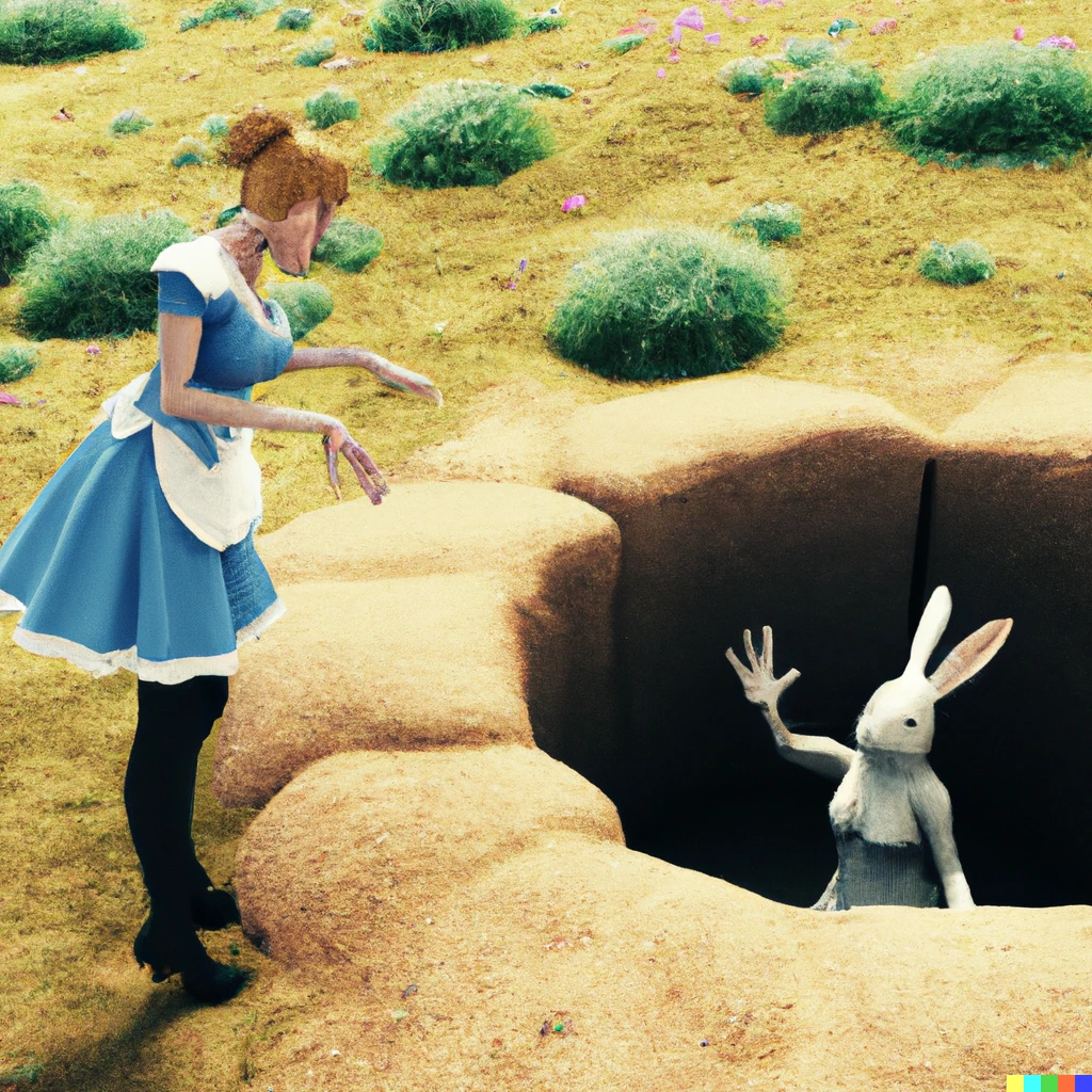 Prompt: Alice tries to get into a rabbit and a small hole. 3d render