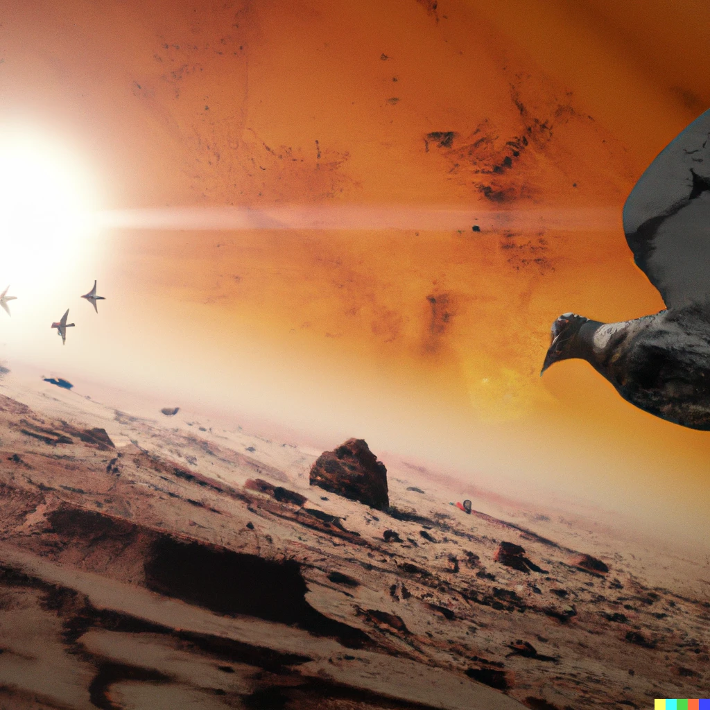 Prompt: A flock of bird flying in martian atmosphere with sun in background and curiosity rover on the ground