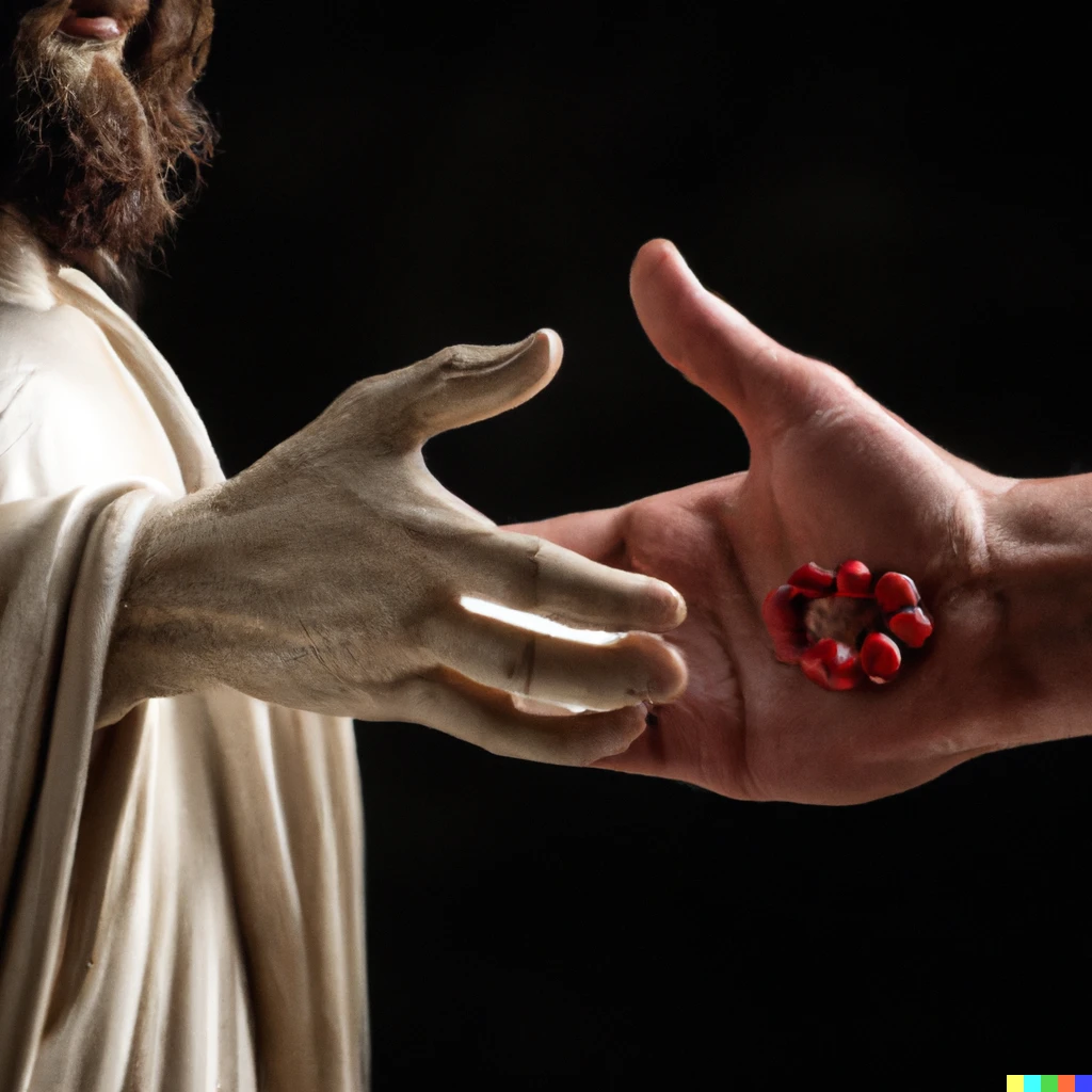 Prompt: jesus shake hands with buda
