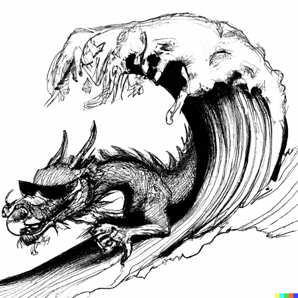 Prompt: A Japanese engraving of a dragon with sunglasses surfing in the frame "the wave"