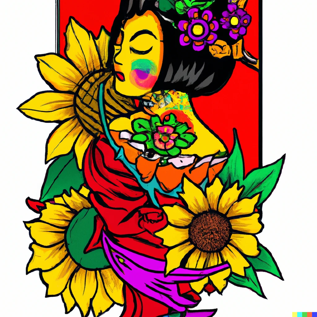 Prompt: A Japanese and Mexican culture Tattoo with a geisha, sunflowers and sakuras