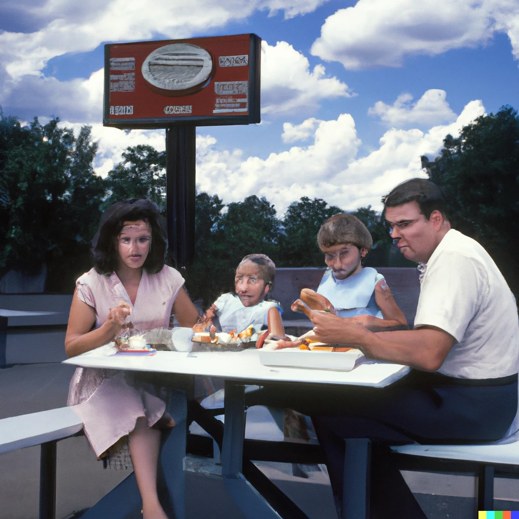 Prompt: photograph of a father, mother, and daughter eating at a picnic table in front of a 1970s drive-in restaurant, under a blue sky with clouds