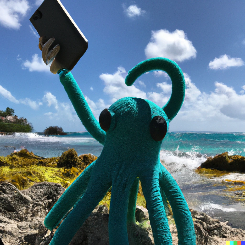 Prompt: Cthulhu taking selfies on vacation in Barbados