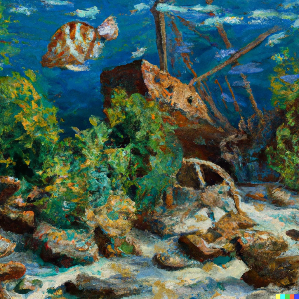 Prompt: A coral reef with a wrecked sailing ship and fish painted by van gogh