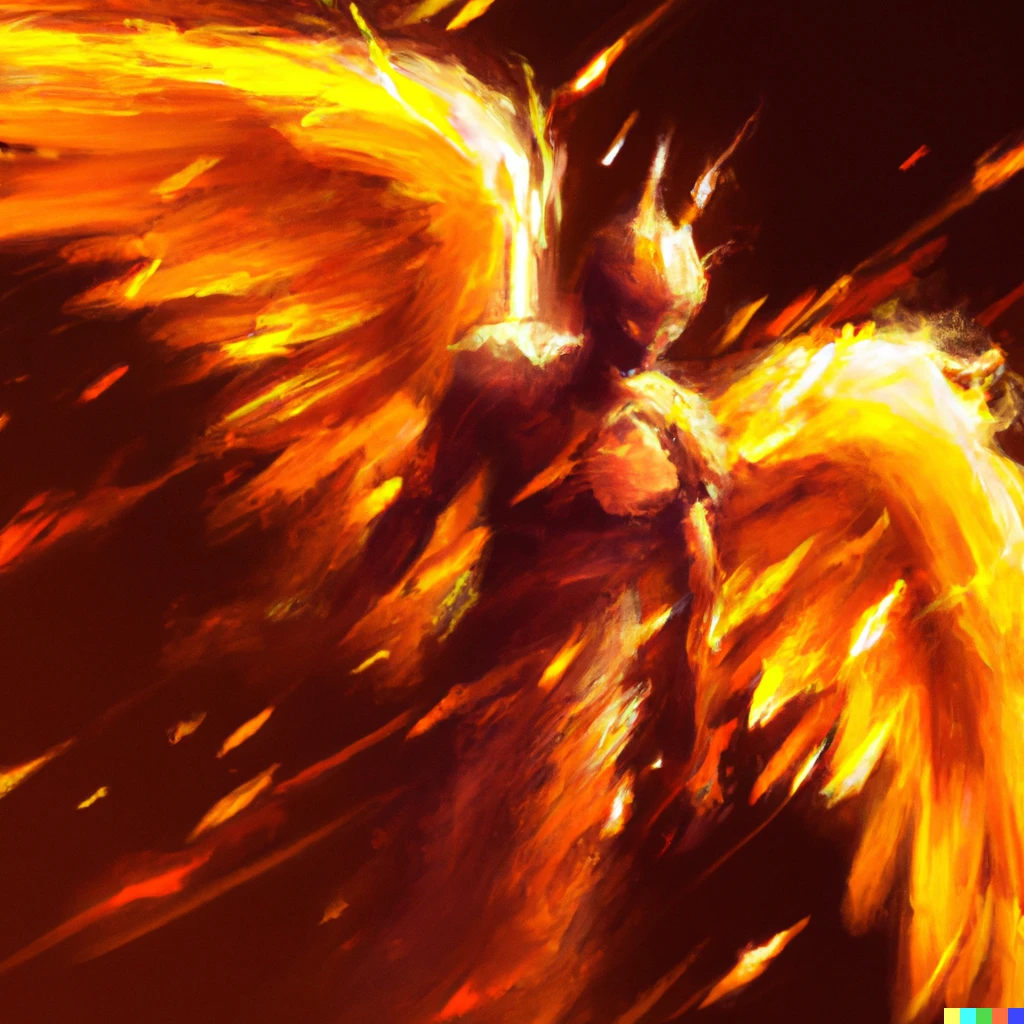 Prompt: An epic fire Angel with warm backlight