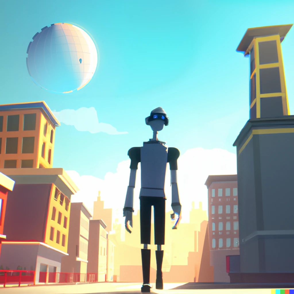 Prompt: a robot walks down a street with tall buildings and blue sky above in a pixar short animated film