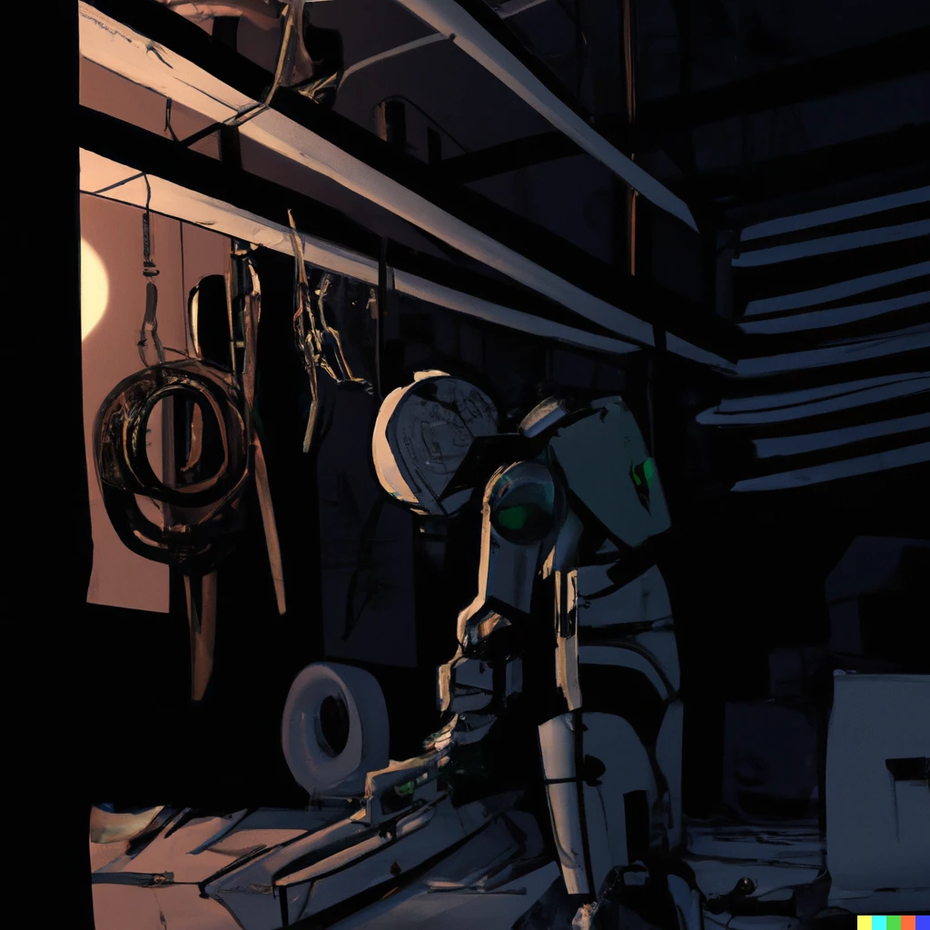 Prompt: Digital art of a robot making its own electronics inside someones garage during night time