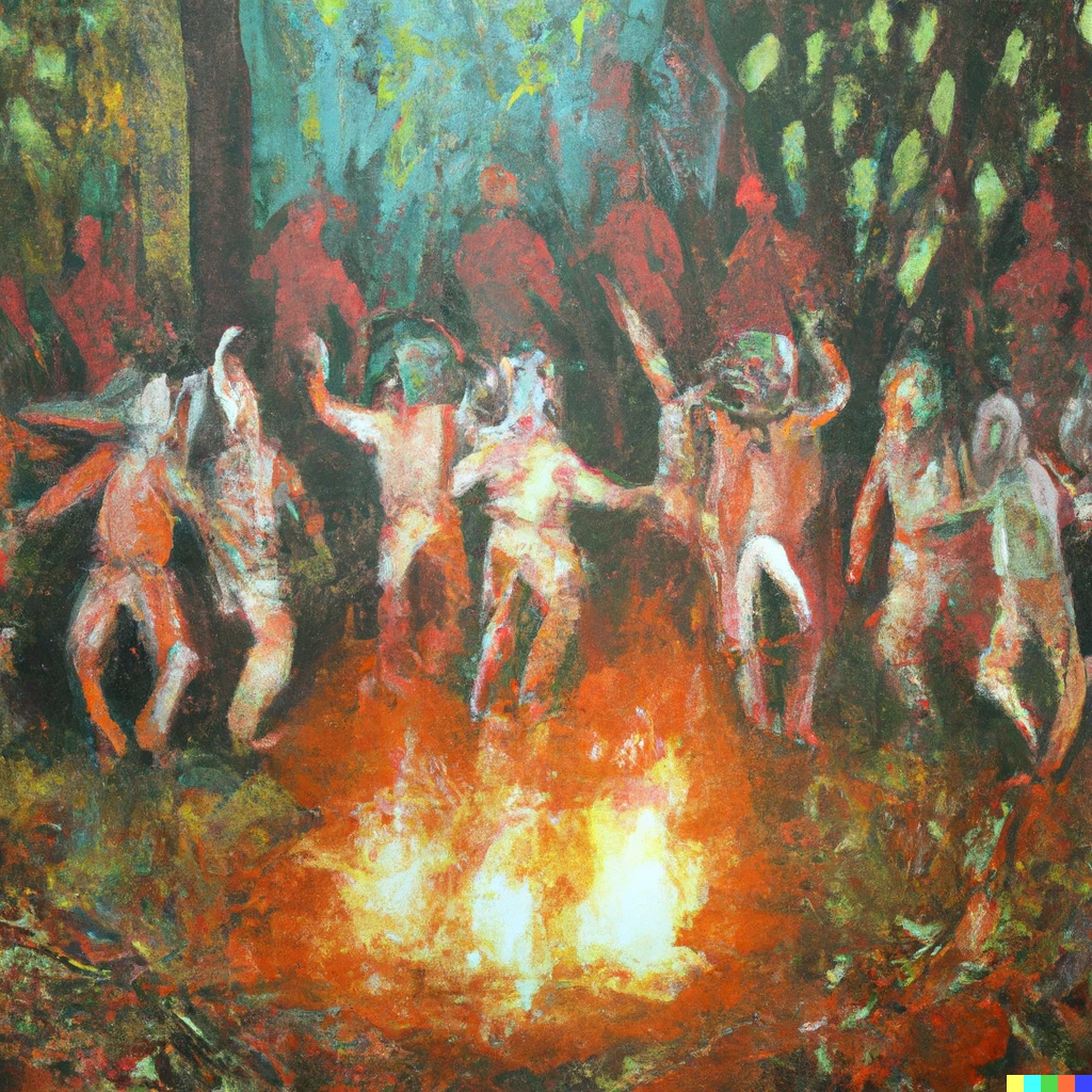 Prompt: an expressive oil painting of tribal men dancing in jungle around a camp fire in the night
