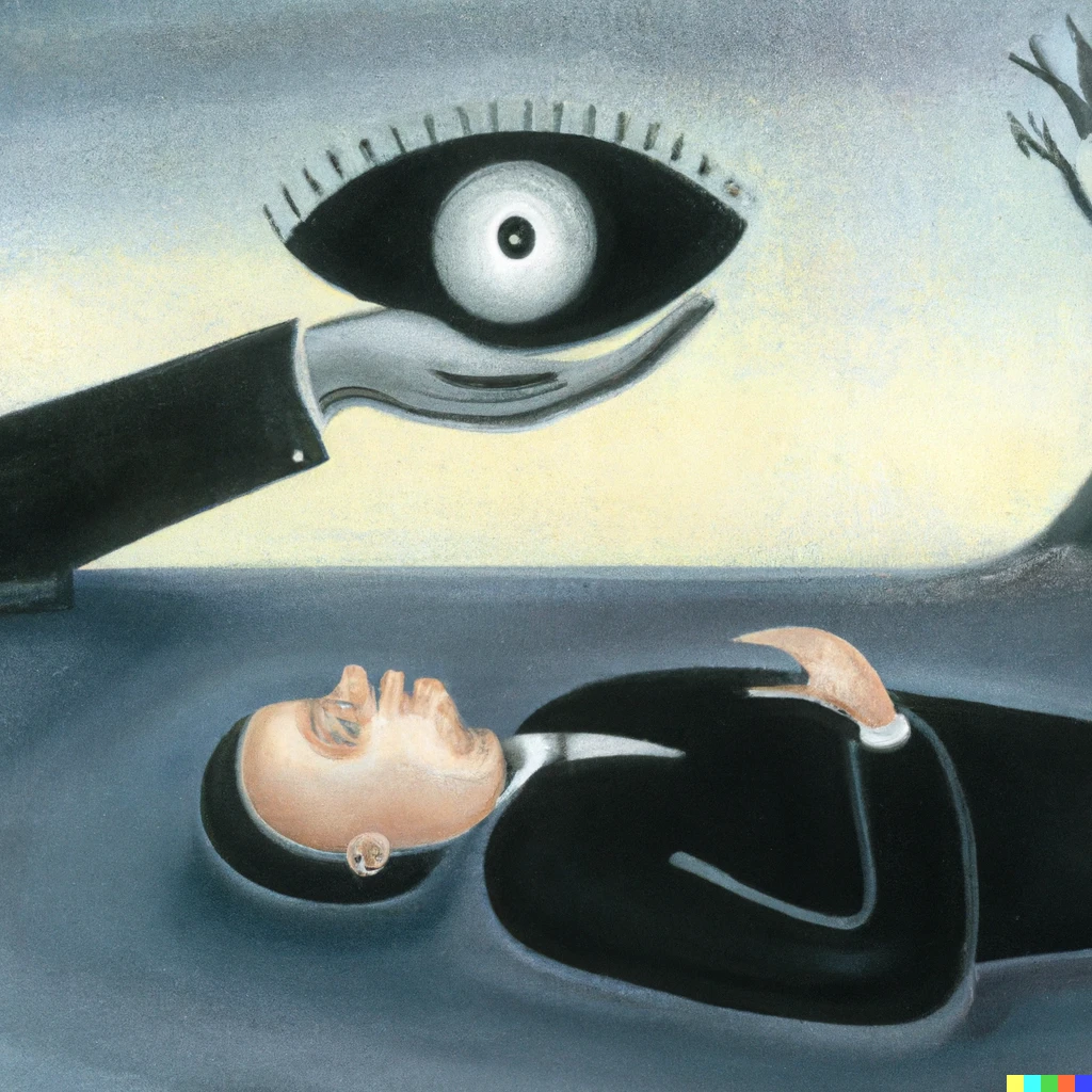 Prompt: a surrealist dream-like painting of a man performing hypnosis