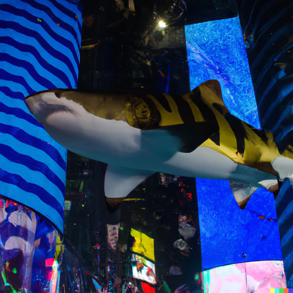 Prompt: A tiger shark swimming through Times Square on New Years Eve