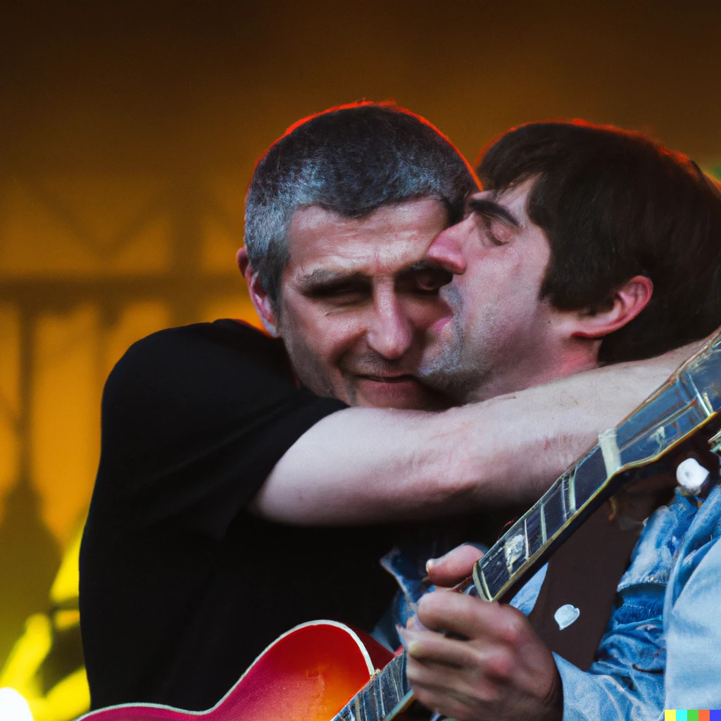 Prompt: A photo of an emotional Liam Gallagher reuniting with his Noel Gallagher as they play guitar before a huge concert in Glastonbury