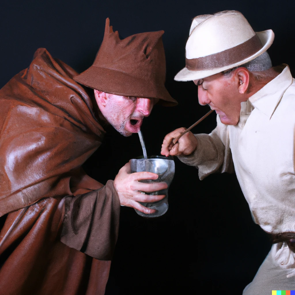 Prompt: A drunken Indiana Jones making the old knight angry by bringing in Benjamin button to attempt drinking from the wrong grail