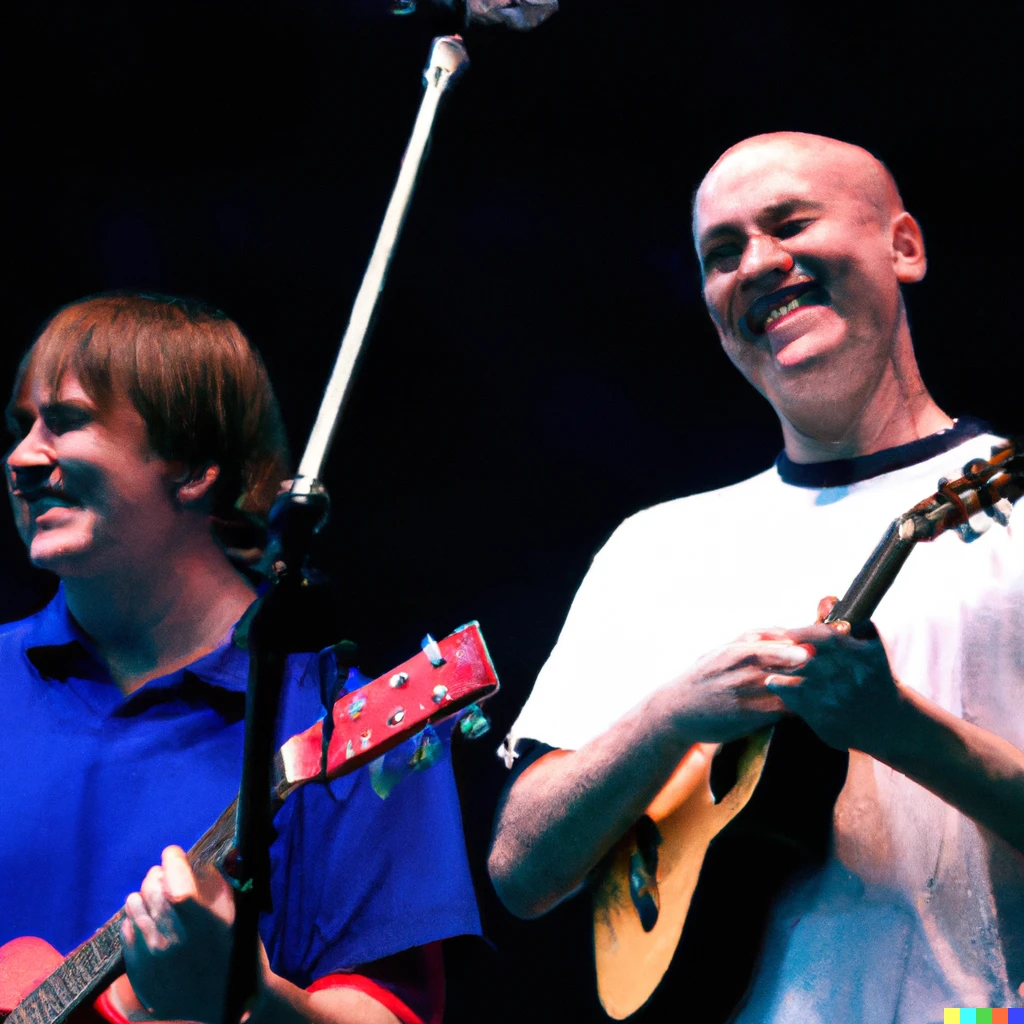 Prompt: A photo of Billy Corgan joyfully playing with a smiling Stephen Malkmus playing the ukulele as they play a huge concert at Bonaroo 