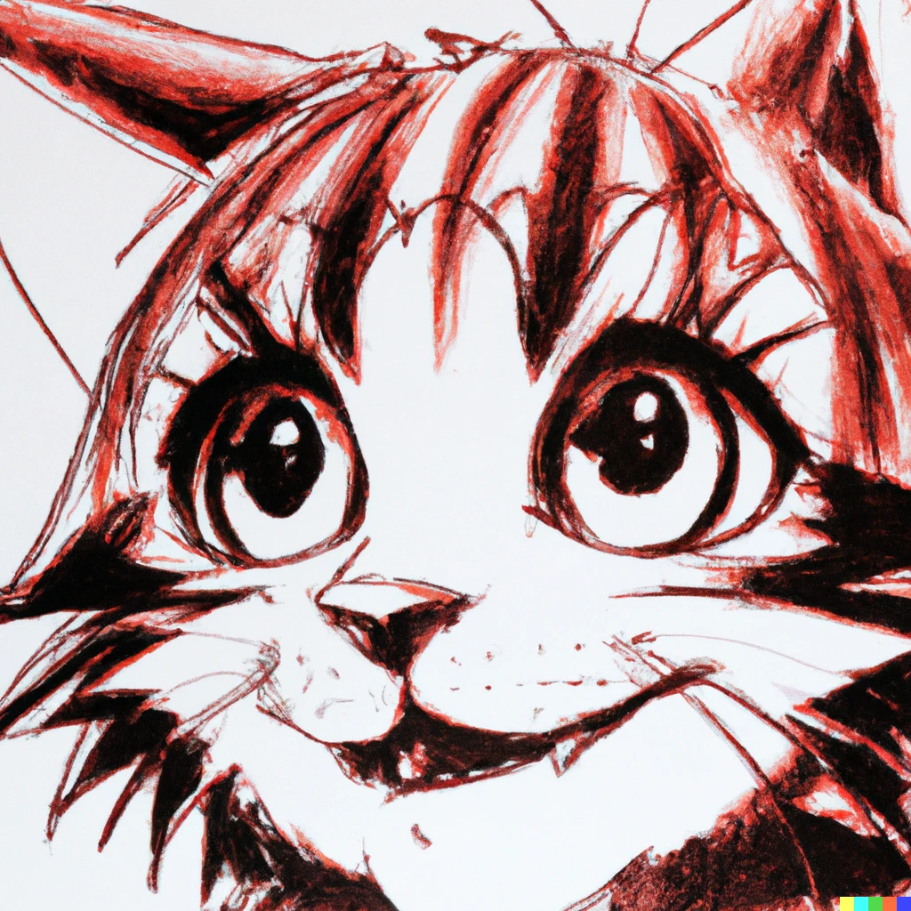 Prompt: anime key visual of a red, tiger striped, black cat, laughing, still frame from macross, red highlighted, pencil sketch, detailed eyes