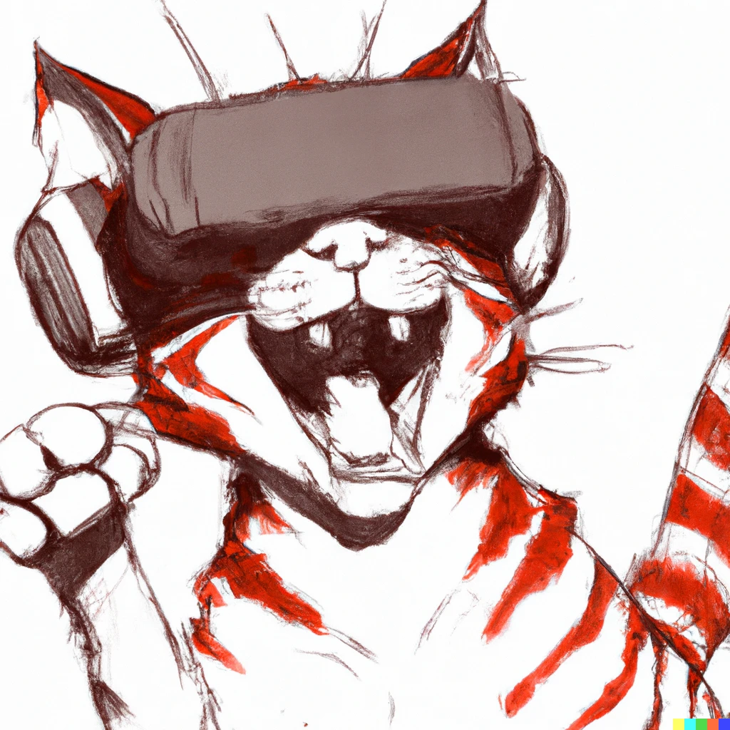 Prompt: anime key visual of a red, tiger striped, black cat, wearing a vr headset, laughing, still frame from beastars, red highlighted, pencil sketch, detailed eyes