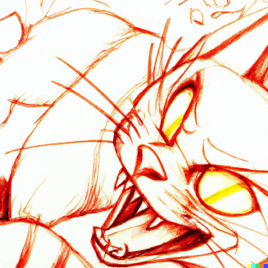 Prompt: anime key visual of a red striped black cat laughing, stillframe from space dandy, red highlights pencil sketch
