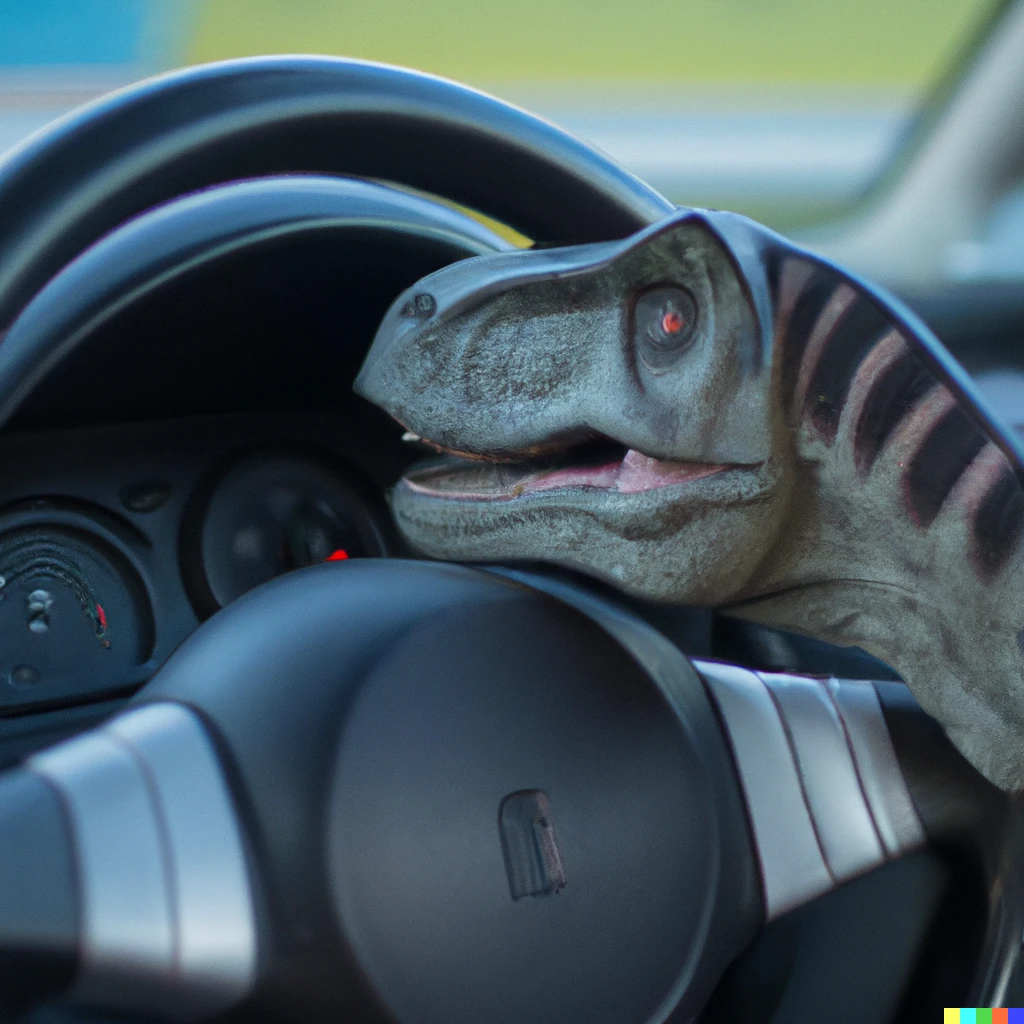 Prompt: Dinosaur behind a steering wheel of a car