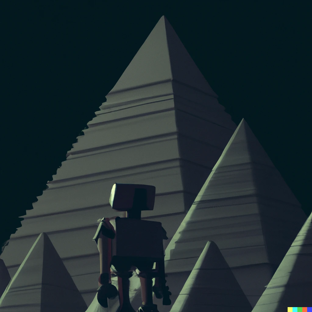 Prompt: A minimalistic dark environment consisting of giant pyramids. Next to a pyramid a very small vintage robot is standing