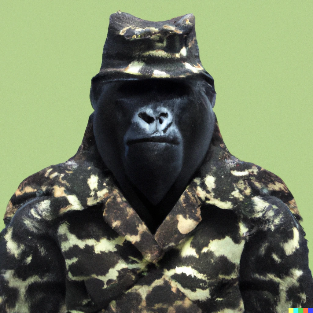 Prompt: A photo of a gorilla in a camouflage uniform