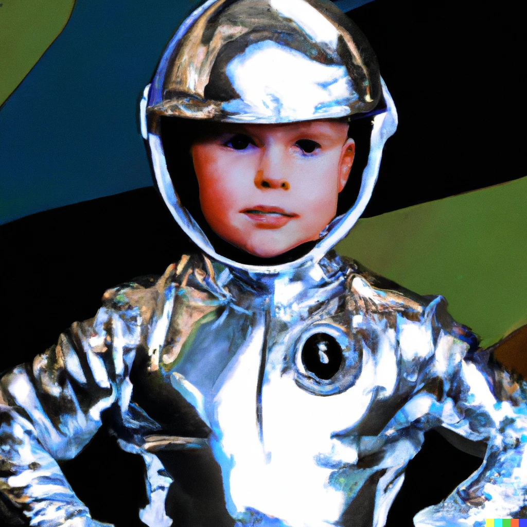 Prompt: A pop art painting of a three year old boy in a silver spacesuit 
