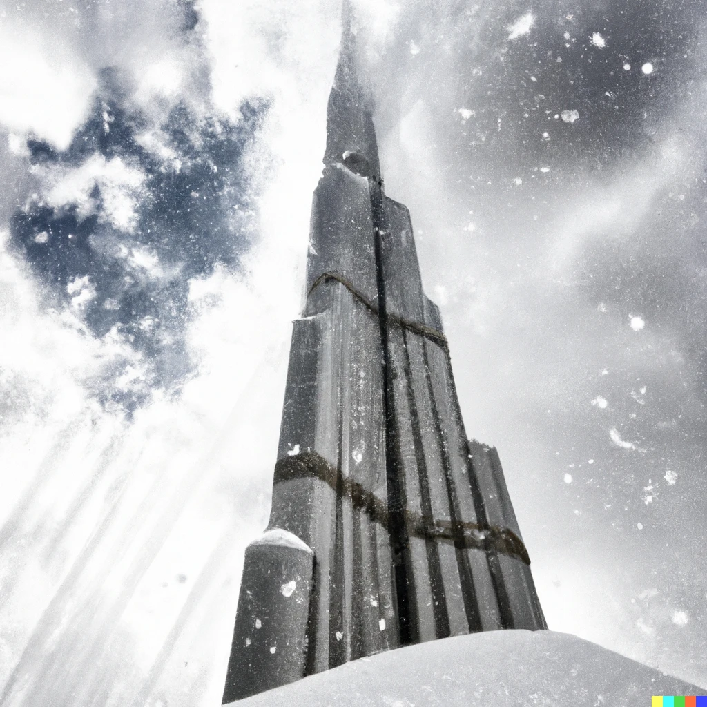 Prompt: From an ant  perspective the burj khalifa full of snow in a heavy snow storm with many clouds