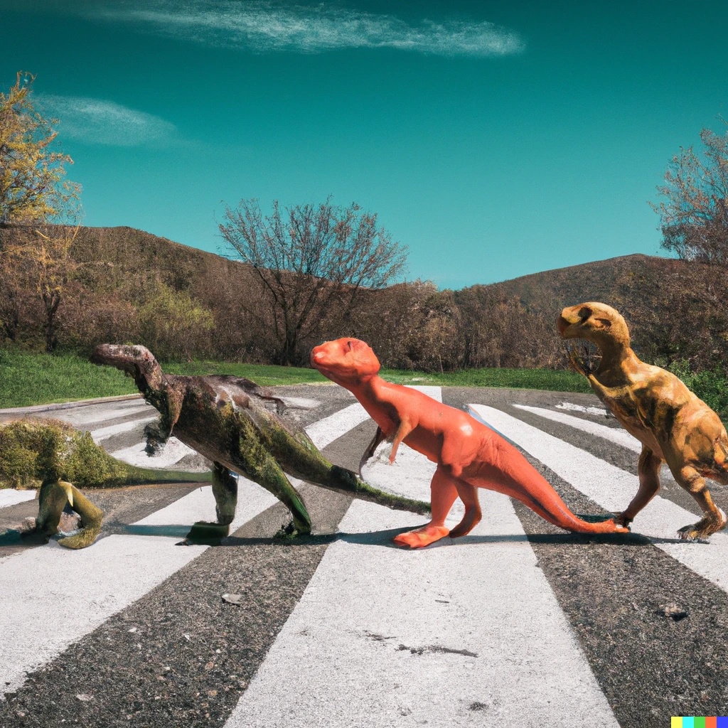 Prompt: Photograph of 4 dinosaurs crossing the road like the beatles on the abbey road album cover