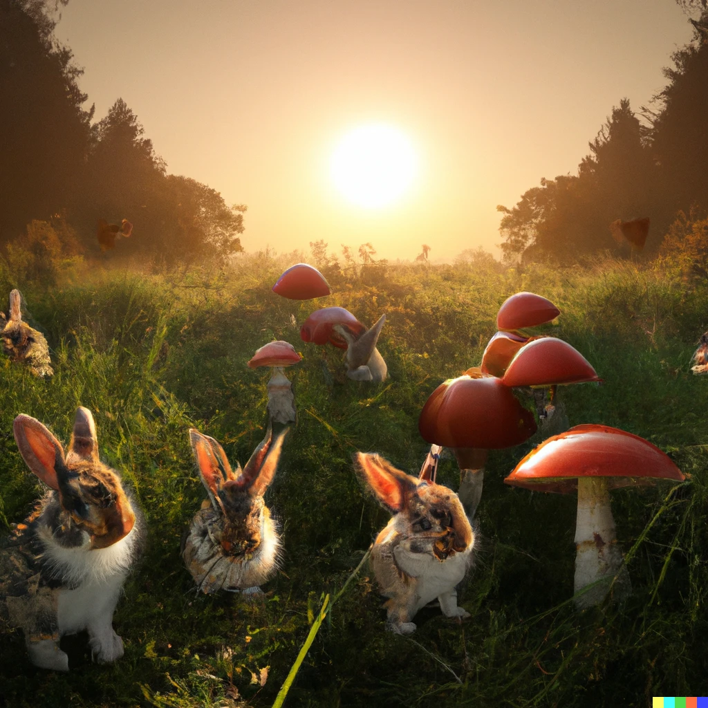 Prompt: A photo of a huge meadow full of fly agaric mushrooms. cute little rabbits with huge eyes are eating grass.. In the background we see a photorealistic setting sun with lens reflections.
