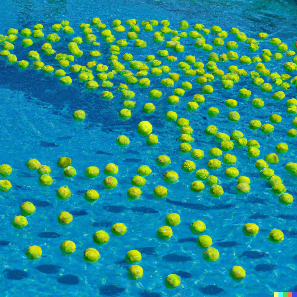 Prompt: Photi of a swimming pool full of tennis balls