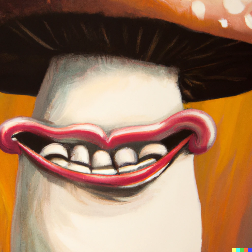 Prompt: Oil painting of a big smile with mushroom as teeth