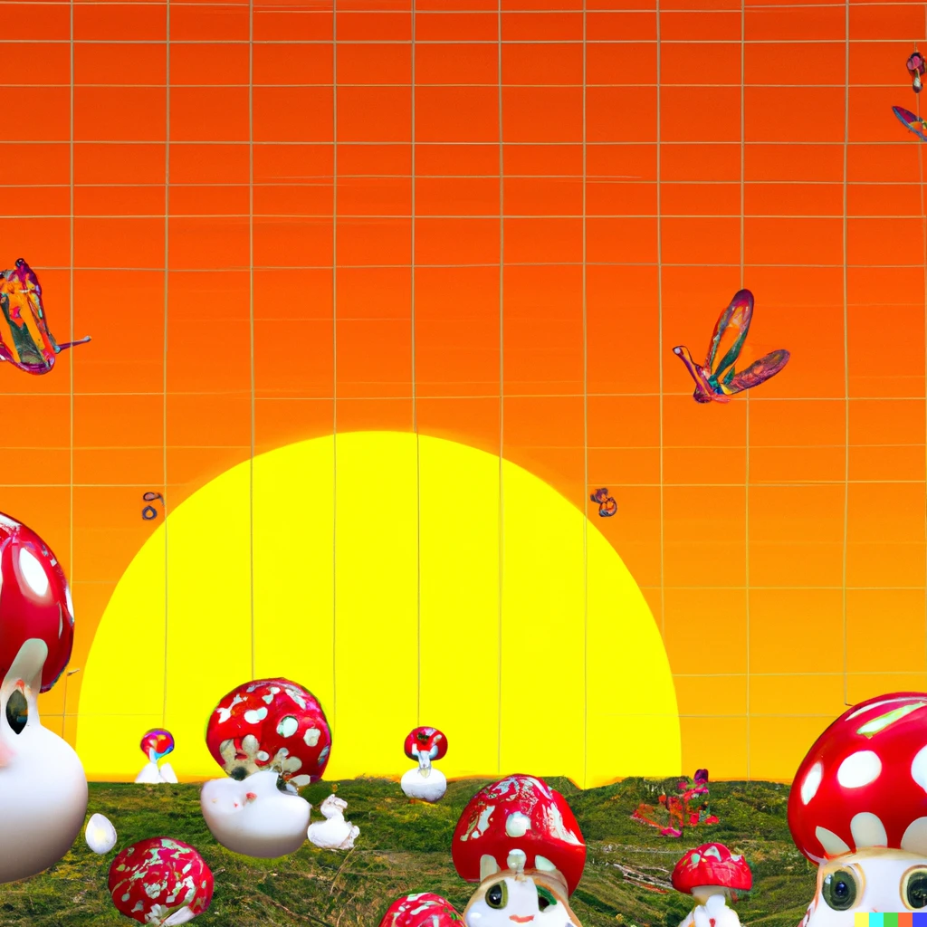 Prompt: Windows 95 background full of fly agaric mushrooms and cute little rabbits with huge eyes. In the background we see a red setting sun with many sun rays and lens reflections.