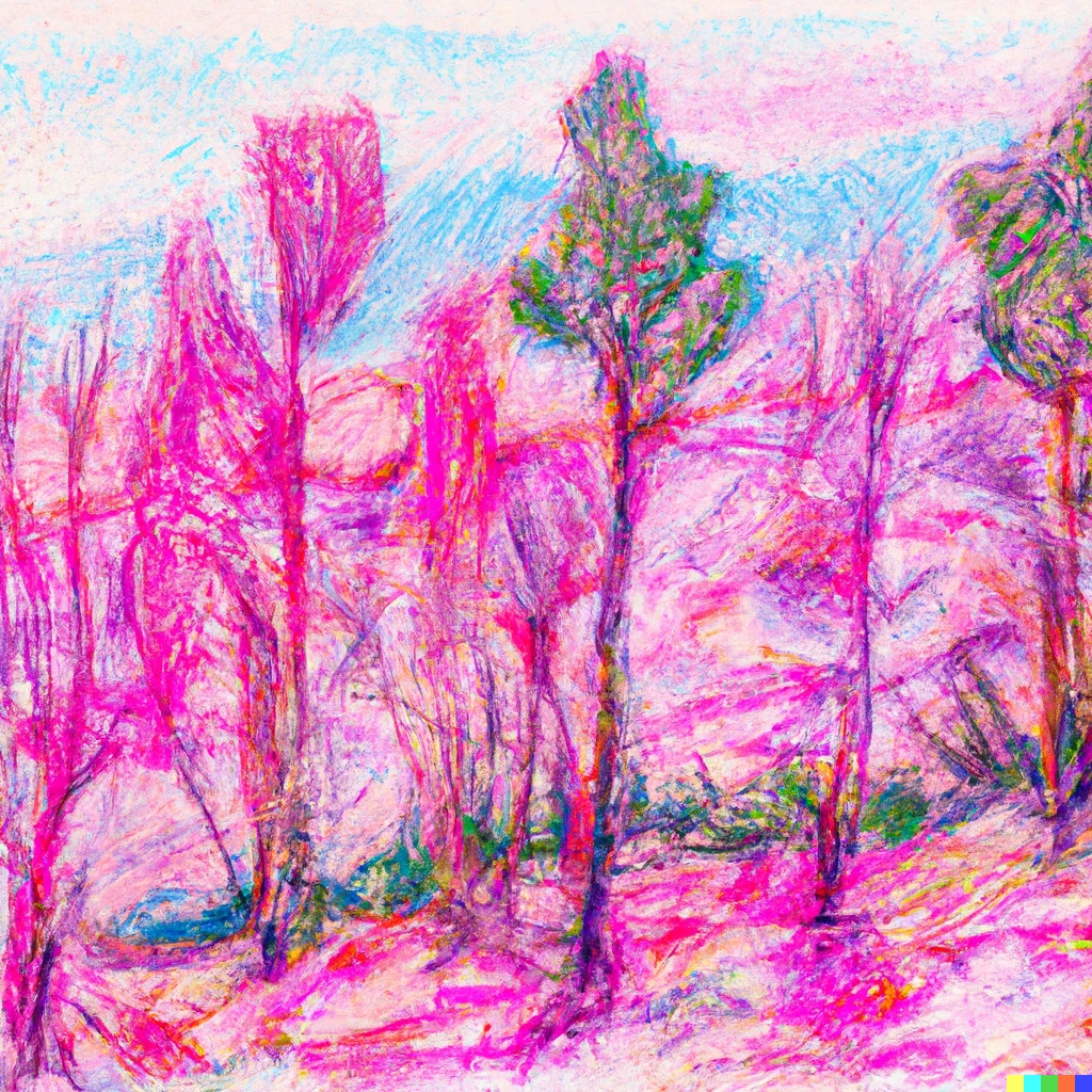Prompt: Landscape with small trees as an aquarel in pink colours