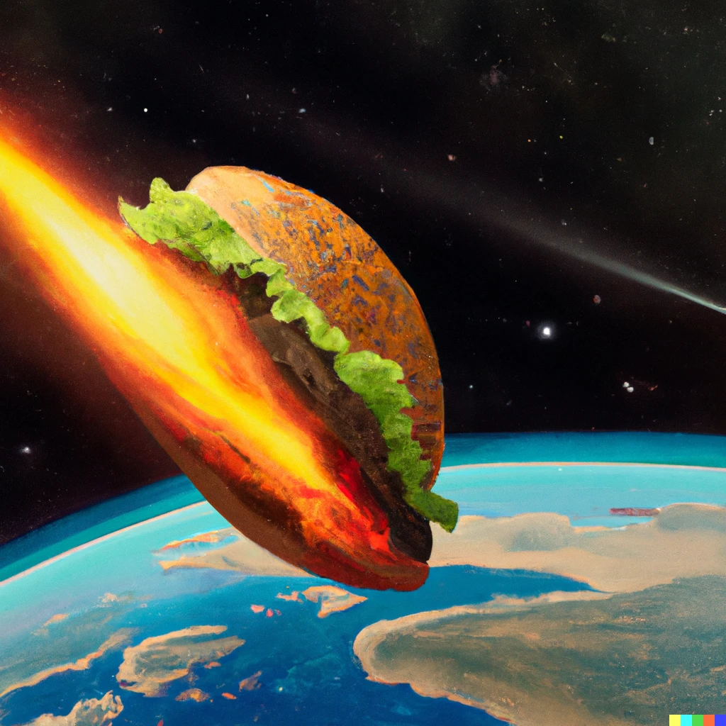 Prompt: A giant hamburger meteor on its way to hit earth, realistic digital art