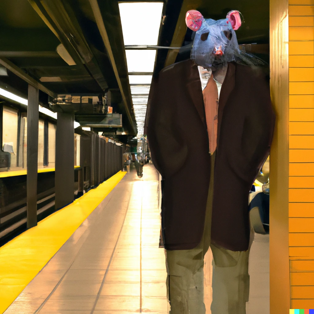 Prompt: An upright 6 foot tall Rat, wearing a suit, inside a Manhattan subway station, waiting for a train. Digital art
