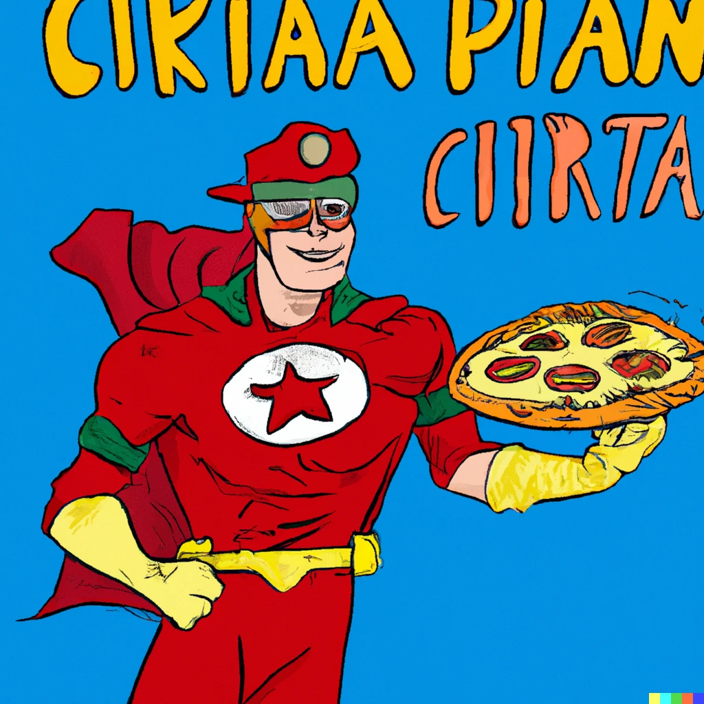 Prompt: A comic strip drawing of a superhero called "Captain Pizza"