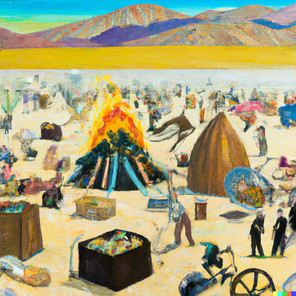 Prompt: compost waste camp at burning man, a painting by douchamp